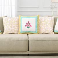 Rajasthani Handmade Hand Block Print Cotton Cushion Cover , Yellow Pink Flower (5 Pcs)