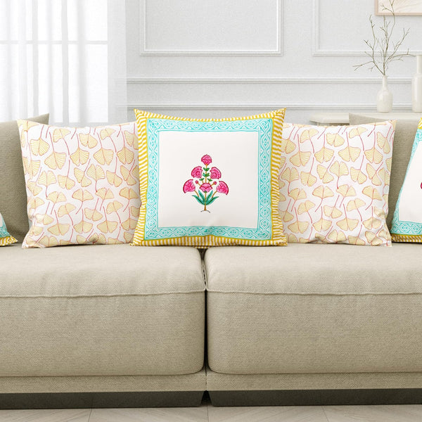 Rajasthani Handmade Hand Block Print Cotton Cushion Cover , Yellow Pink Flower (5 Pcs)