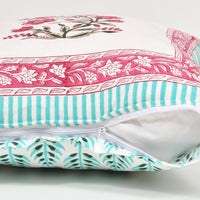 Rajasthani Handmade Hand Block Print Cotton Cushion Cover , Turquoise Pink Motifs (5 Pcs)