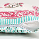 Rajasthani Handmade Hand Block Print Cotton Cushion Cover , Turquoise Pink Motifs (5 Pcs)