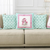 Rajasthani Handmade Hand Block Print Cotton Cushion Cover , Turquoise Pink Motifs (5 Pcs)