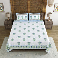 King Size Pure Cotton Hand Block Print Bedsheet (Blue Anar)