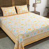 BLOCKS OF INDIA Hand Block Print Cotton King Size Bedsheet (225 X 270 cm) (Yellow Ikat)