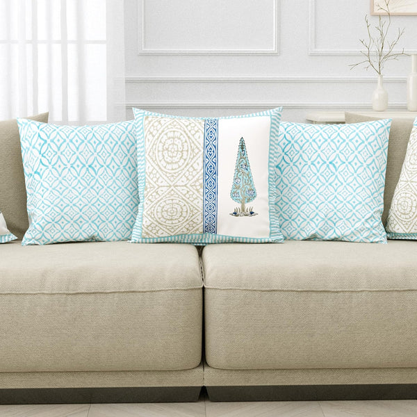 Rajasthani Handmade Hand Block Print Cotton Cushion Cover , Blue Grey Half (5 Pcs)