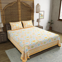 BLOCKS OF INDIA Hand Block Print Cotton King Size Bedsheet (225 X 270 cm) (Yellow Ikat)