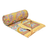 BLOCKS OF INDIA Hand Block Printed Cotton King Size Quilt (Yellow GAD Paisley)