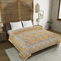 BLOCKS OF INDIA Hand Block Printed Cotton King Size Quilt (Yellow GAD Paisley)