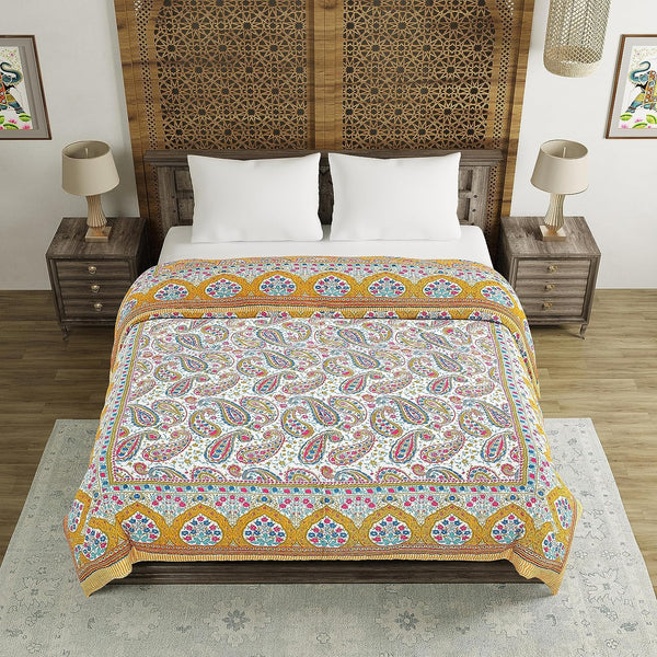 BLOCKS OF INDIA Hand Block Printed Cotton King Size Quilt (Yellow GAD Paisley)