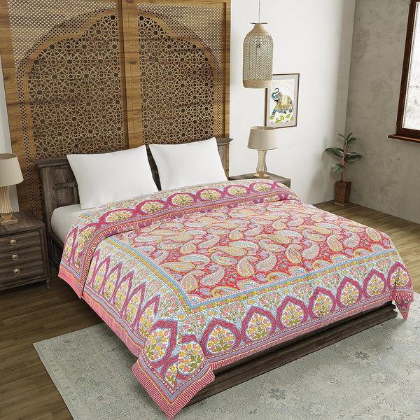 BLOCKS OF INDIA Hand Block Printed Cotton King Size Quilt (Red GAD Paisley)