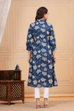 Cotton Hand Block Print A Line Kurta for Women (ALINE BLUE FLORAL)