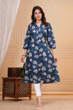 Cotton Hand Block Print A Line Kurta for Women (ALINE BLUE FLORAL)