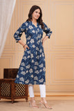 Cotton Hand Block Print A Line Kurta for Women (ALINE BLUE FLORAL)