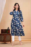 Cotton Hand Block Print A Line Kurta for Women (ALINE BLUE FLORAL)