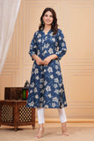Cotton Hand Block Print A Line Kurta for Women (ALINE BLUE FLORAL)