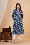 Cotton Hand Block Print A Line Kurta for Women (ALINE BLUE FLORAL)