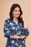 Cotton Hand Block Print A Line Kurta for Women (ALINE BLUE FLORAL)