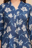 Cotton Hand Block Print A Line Kurta for Women (ALINE BLUE FLORAL)