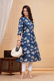 Cotton Hand Block Print A Line Kurta for Women (ALINE BLUE FLORAL)