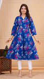 Cotton Hand Block Print A Line Kurta for Women (Blue Pine)