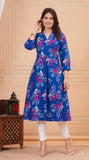 Cotton Hand Block Print A Line Kurta for Women (Blue Pine)