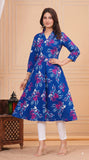 Cotton Hand Block Print A Line Kurta for Women (Blue Pine)