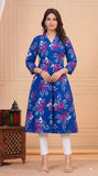 Cotton Hand Block Print A Line Kurta for Women (Blue Pine)