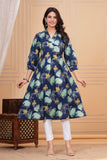Cotton Hand Block Print A Line Kurta for Women (ALINE BLUE TURQ)