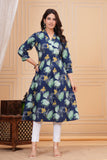 Cotton Hand Block Print A Line Kurta for Women (ALINE BLUE TURQ)