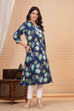 Cotton Hand Block Print A Line Kurta for Women (ALINE BLUE TURQ)