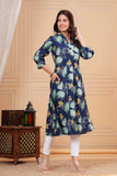 Cotton Hand Block Print A Line Kurta for Women (ALINE BLUE TURQ)