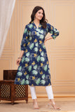 Cotton Hand Block Print A Line Kurta for Women (ALINE BLUE TURQ)