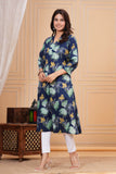 Cotton Hand Block Print A Line Kurta for Women (ALINE BLUE TURQ)