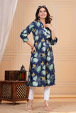 Cotton Hand Block Print A Line Kurta for Women (ALINE BLUE TURQ)