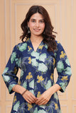 Cotton Hand Block Print A Line Kurta for Women (ALINE BLUE TURQ)