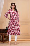Cotton Hand Block Print A Line Kurta for Women (ALINE MAROON CREAM)
