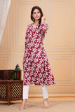 Cotton Hand Block Print A Line Kurta for Women (ALINE MAROON CREAM)