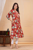 Cotton Hand Block Print A Line Kurta for Women (ALINE MAROON TURQ)