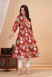 Cotton Hand Block Print A Line Kurta for Women (ALINE MAROON TURQ)