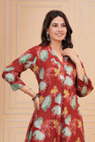 Cotton Hand Block Print A Line Kurta for Women (ALINE MAROON TURQ)