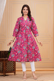 Cotton Hand Block Print A Line Kurta for Women (ALINE PINK MULTI)
