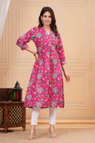 Cotton Hand Block Print A Line Kurta for Women (ALINE PINK MULTI)