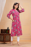 Cotton Hand Block Print A Line Kurta for Women (ALINE PINK MULTI)