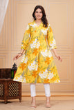 Cotton Hand Block Print A Line Kurta for Women (ALINE YELLOW FLORAL)