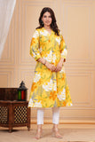 Cotton Hand Block Print A Line Kurta for Women (ALINE YELLOW FLORAL)