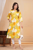 Cotton Hand Block Print A Line Kurta for Women (ALINE YELLOW FLORAL)