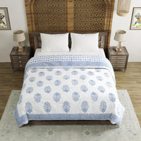 King Size Quilt/Rajai Cotton Hand Block Print (225 cm X 270 cm) (BLUE POT)