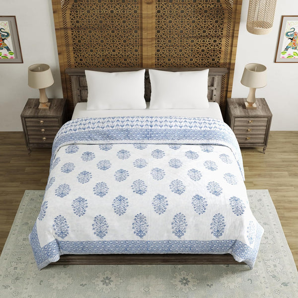 King Size Quilt/Rajai Cotton Hand Block Print (225 cm X 270 cm) (BLUE POT)