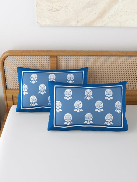 Rajasthani Handmade Hand Block Print Cotton Pillow Cover , Blue Buti Procein (2 Pcs)