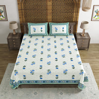 BLOCKS OF INDIA Hand Block Print Cotton King Size Bedsheet Blue Green Flower