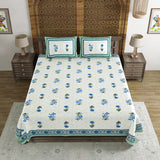 BLOCKS OF INDIA Hand Block Print Cotton King Size Bedsheet Blue Green Flower